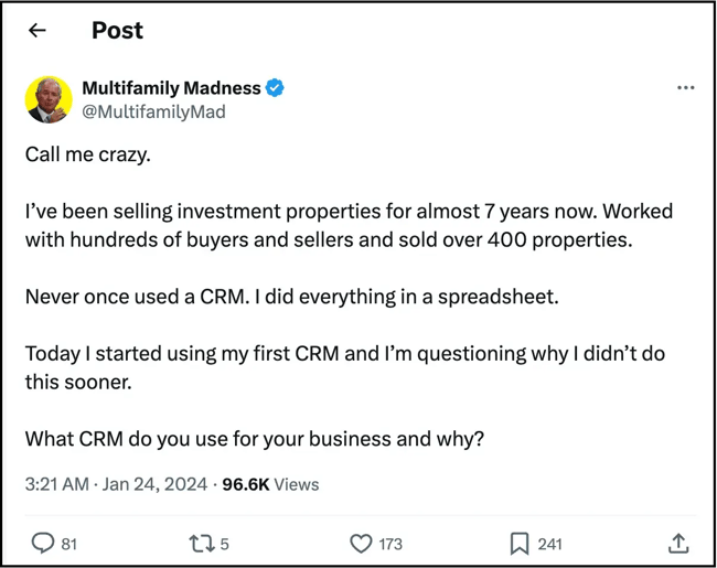 X feed post where business owner regrets not adopting a CRM