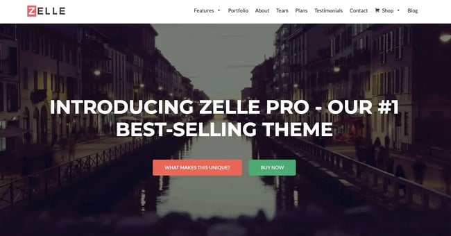 Zelle Pro flat theme shows parallax hero image and brightly colored call to action buttons