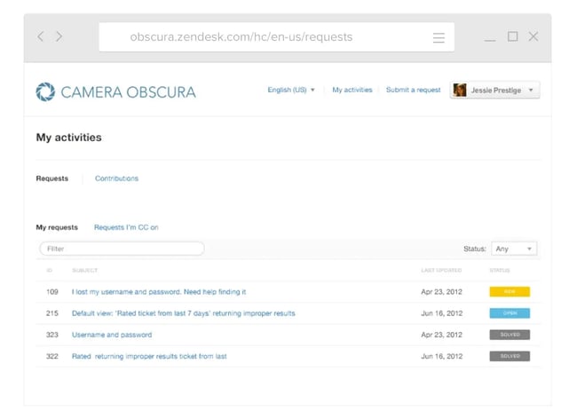 Zendesk customer portal showing a logged-in user’s ticket history with request IDs, subjects, and status labels, customer portal builder