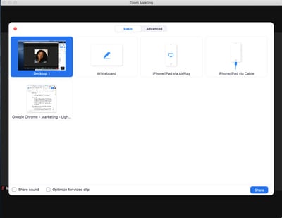 How to record a webinar zoom step three select share screen from the following options: desktop 1 whiteboard, iphone or airplay, or google chrome