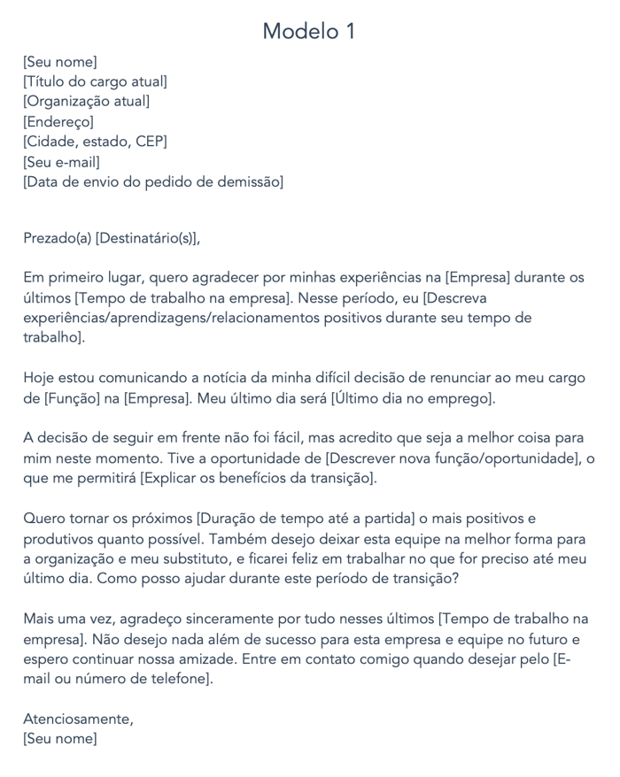 modelo grátis de carta de pedido de demissão