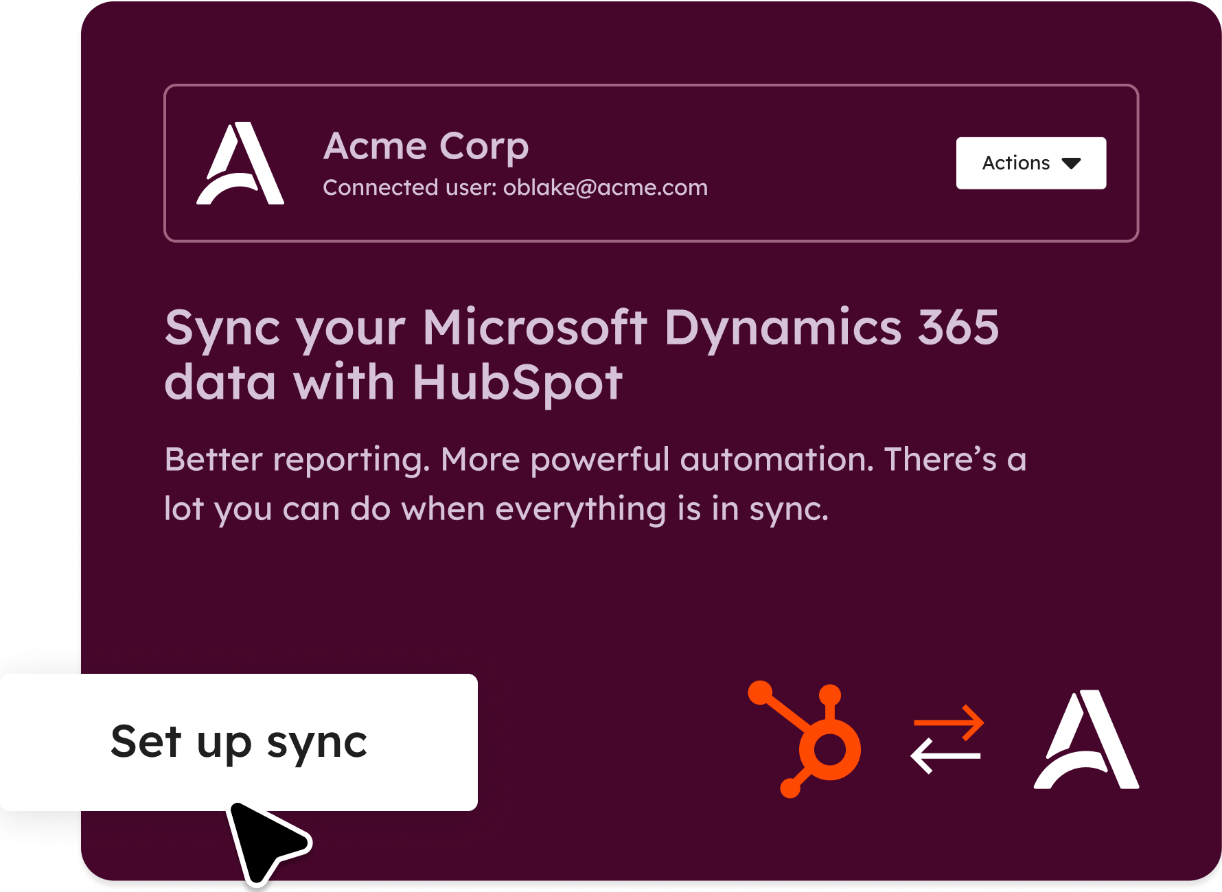 A visual showing a user setting up data sync between a third-party tool like Microsoft Dynamics 365 so data flows between Microsoft Dynamics and HubSpot.