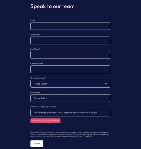 a hubspot form on the mixergy website from wholegrain digital