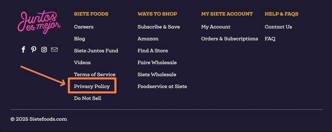 a privacy policy link in the website footer of siete foods