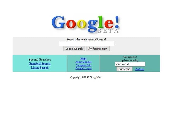 a screenshot from google.com from 1998 showing how seo has changed