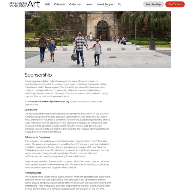 a sponsorship page example from the philadelphia museum of art