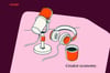 Illustration of podcast microphone, headphones, and coffee cup labeled creator economy