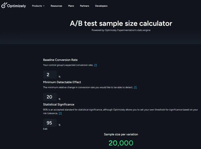 ab test sample size calculator from optimizely