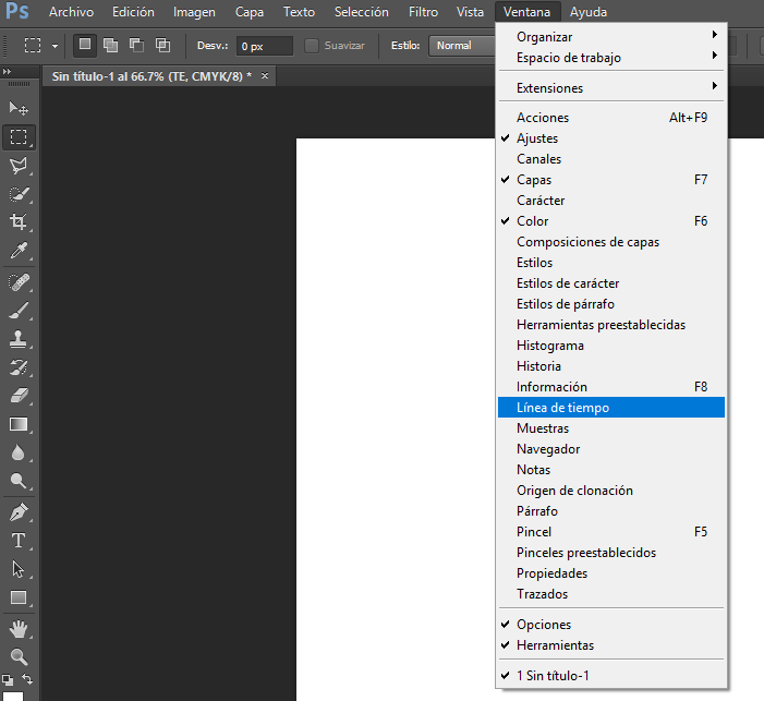 Abrir línea del tiempo en Photoshop para hacer gif
