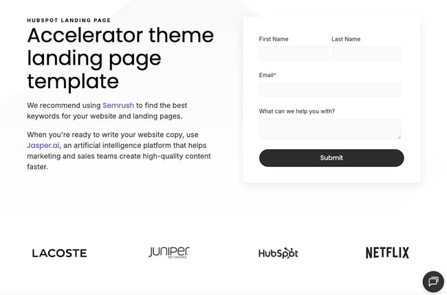 accelerator hubspot template for landing page using html and css