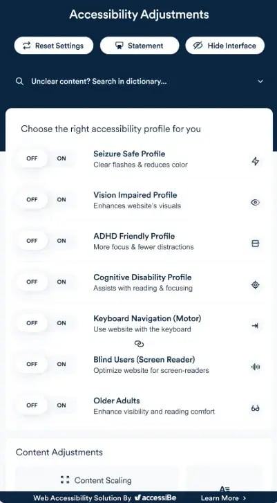 accessibe accessibility customization options for ai for web accessibility