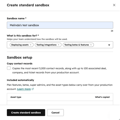 sandbox creation side panel showing sandbox nae field and what is this sandbox for dropdown.