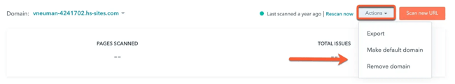 actions dropdown in a content auditing tool, showing export, make default domain, and remove domain options.