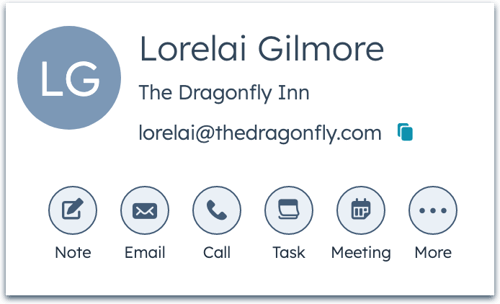 Upper left portion of a contact record "Lorelai Gilmore" is shown. Activity buttons below the name are visible such as: note, email, call, etc.
