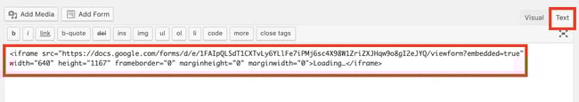 embed google form in Wordpress, put text in