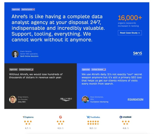 ahrefs customer quotes, testimonial page examples