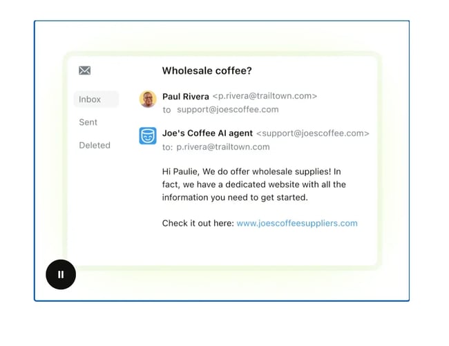 ai agent from zendesk responds to a wholesale coffee inquiry, showcasing efficient customer service with the best csm software for customer retention.