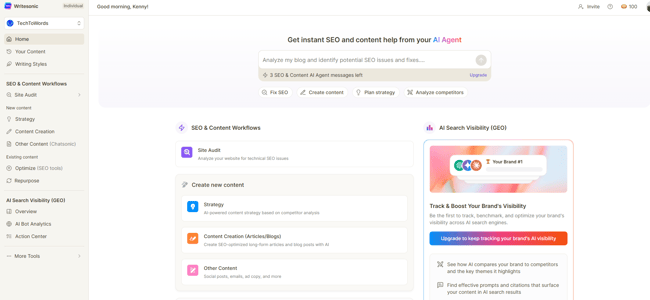 ai content marketing automation tools, writesonic platform dashboard
