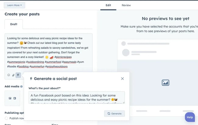 ai in social media HubSpot social post generator draft template