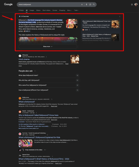 ai overviews answering questions like “what is bollywood” are potentially killing website traffic