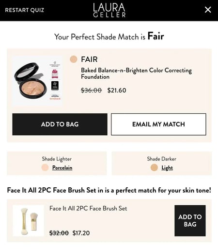 ai personalization example, laura geller perfect shade match product suggestion