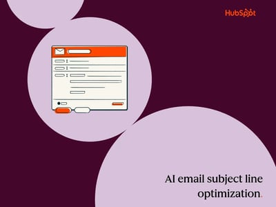 a HubSpot-branded graphic with an email inbox icon in the center, along with a burgundy background and three different-sized circles and text that says “AI email subject line optimization” in the bottom right corner