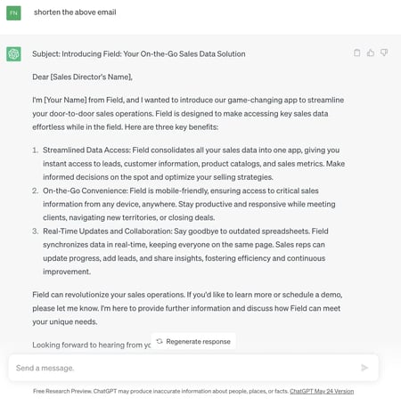AI for sales prospecting content editing prompt example  
