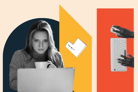 AI for stronger websites: image shows person looking at a computer with a keyboard key nearby. then there's hands using a keyboard nearby too. 