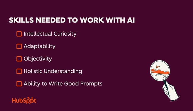 infographic of skills needed to work with ai: intellectual curiosity, adaptability, objectivity, holistic understanding, ability to write good prompts