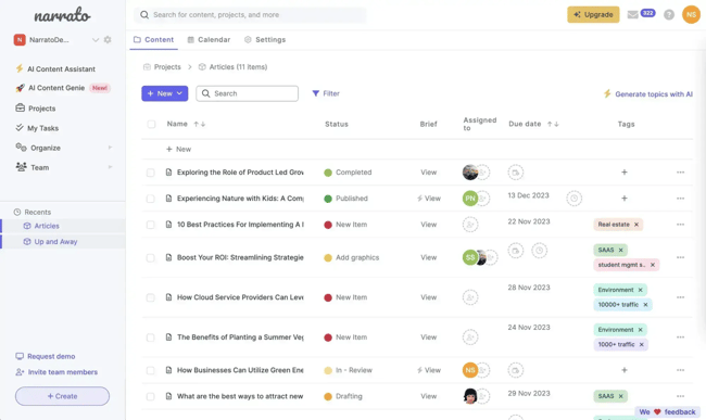 Narrato workspace illustrating AI social media marketing tools for content planning and publishing workflows