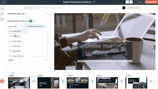 HubSpot Video ÌÇÐÄVlog interface with AI social media marketing tools for generating short-form video content