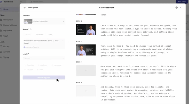 Synthesia video editor interface featuring AI social media marketing tools for creating avatar-based videos