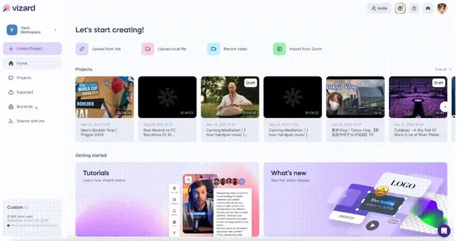 Vizard platform showing AI social media marketing tools for converting long videos into short social clips