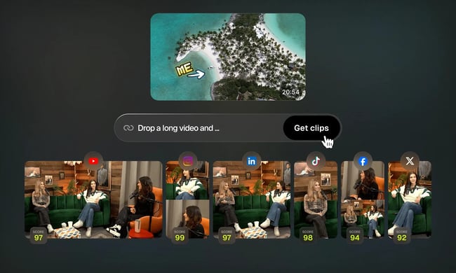 OpusClip dashboard with AI social media marketing tools for generating short-form video content