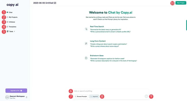 Copy.ai dashboard highlighting AI social media marketing tools for generating captions and campaign content