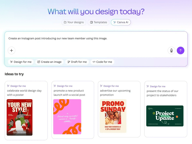 Canva editor interface displaying AI social media marketing tools for designing social media visuals and templates