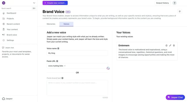 Jasper AI writing interface showing AI social media marketing tools for brand-aligned content creation