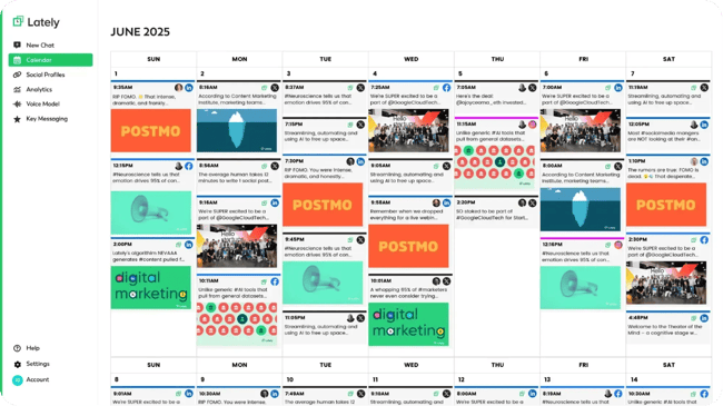 Lately platform interface demonstrating AI social media marketing tools for turning long-form content into social posts
