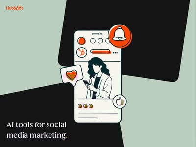 a hubspot-branded graphic with a social media icon in the center, along with a muted green background and black squares and text that says “AI tools for social media marketing” in the bottom left corner 