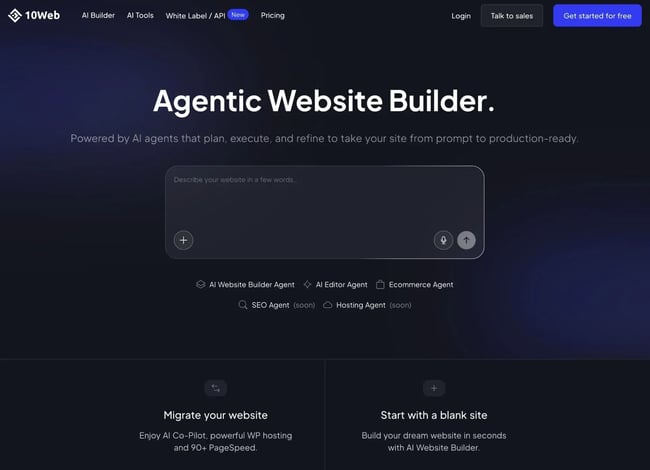 The 10Web agentic website builder homepage