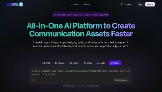 The Designs.AI homepage