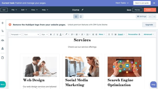 The no-code editor in HubSpot's AI website design tools