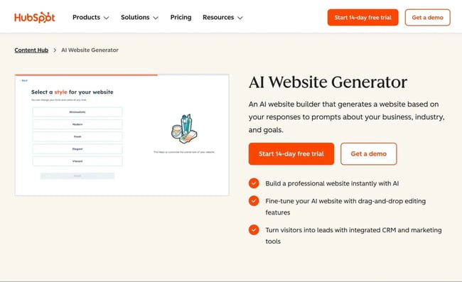 HubSpot Content Hub offers a suite of AI website design tools