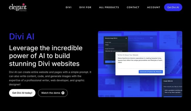 The Divi AI homepage