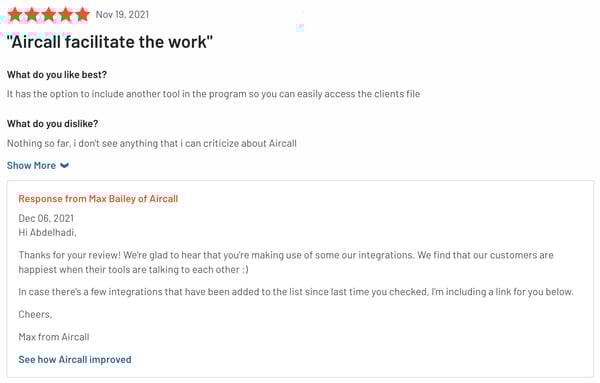aircall positive customer review example