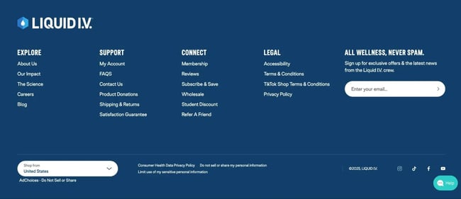 an email subscribe form in the liquid i.v. website footer