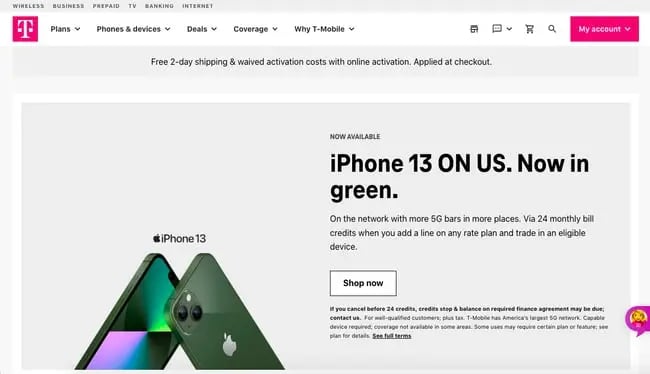 T-Mobile website built with AngularJS features content about plans, phones, and coverage