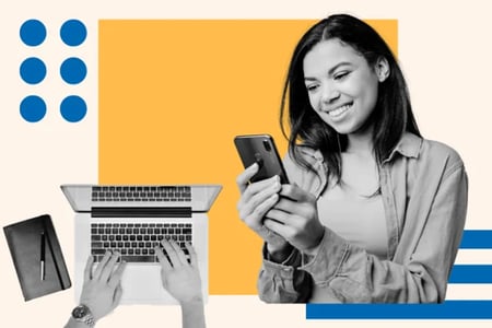 application programming interface API graphic of woman on phone and hands on laptop