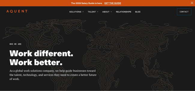 aquent recruitment website design with a line-art world map hero and a 2026 salary guide banner