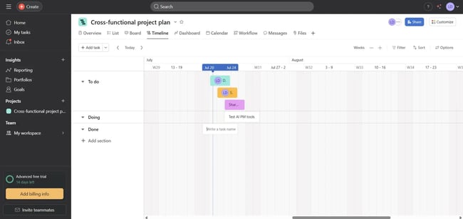 asana timeline, asana dashboard for project management